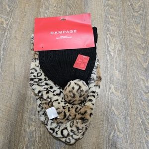 Rampage 2 piece Black and Leopard Faux Fur Cowl and Beanie with pompom Gift Set